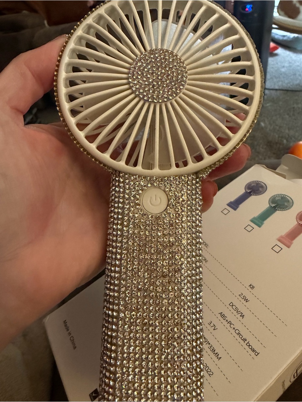 Rhinestone Embellished Handheld Fan - White